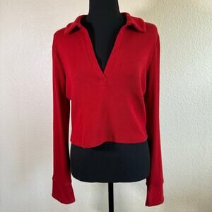 Garage Caroline Cropped Ribbed Collared V-Neck Long Sleeve Polo Top Red Woman XL
